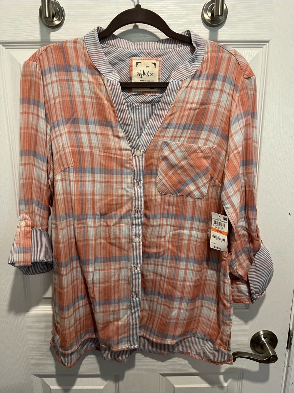 Style & Co. Peach and Light Blue Plaid Button-Front Blouse
